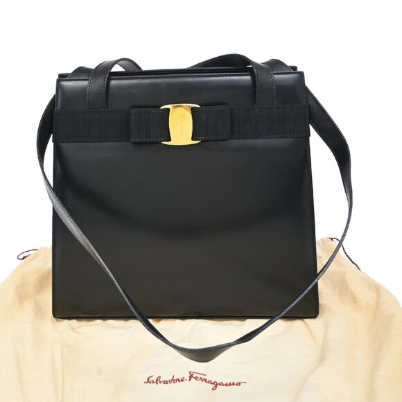 SALVATORE FERRAGAMO Logo Vara Shoulder Bag Canvas Leather Black Italy 65EF878